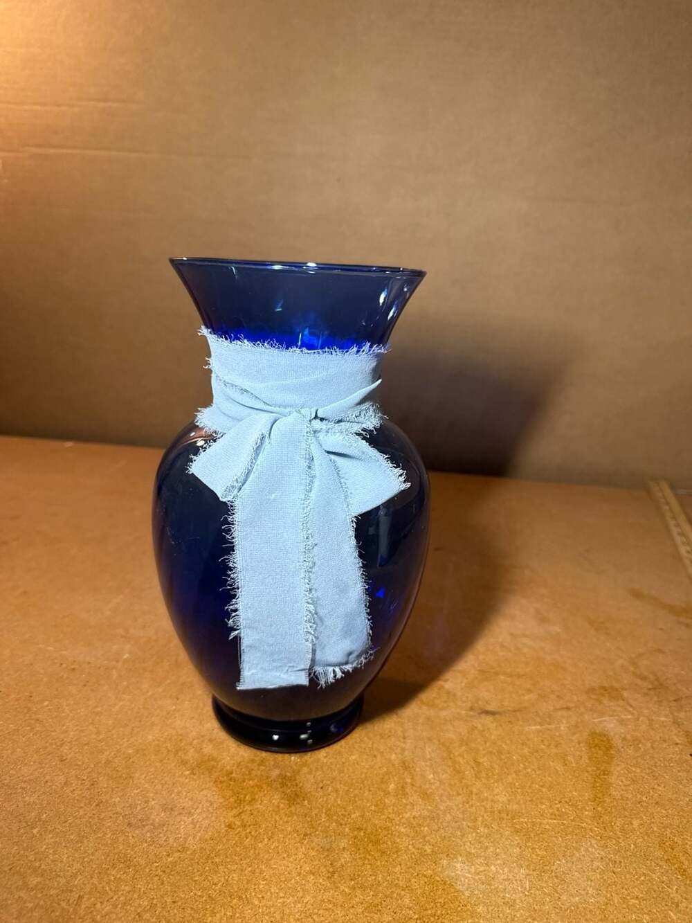 Cobalt Blue Glass Flower Vase 5.5in Straw Ribbon Rustic Vintage Home Decor